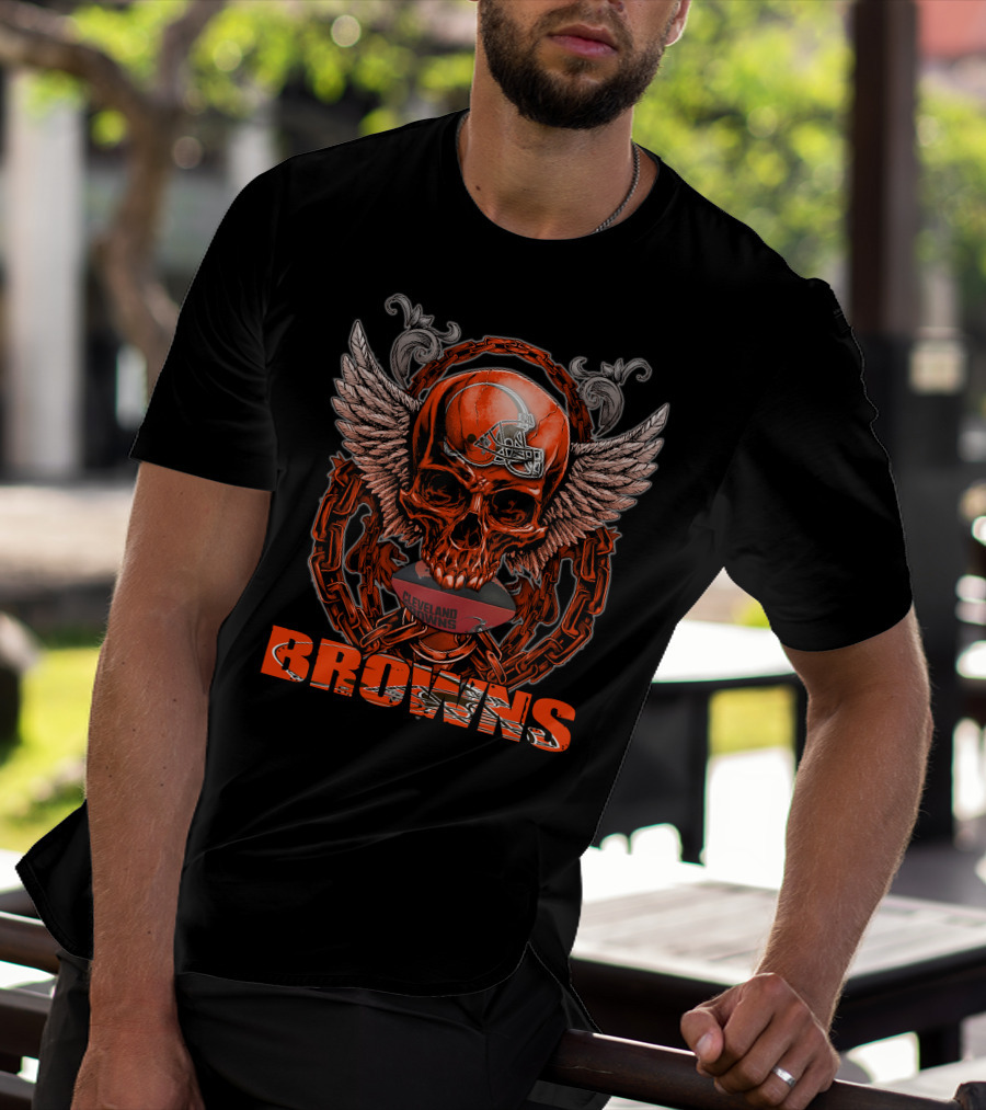 Cleveland Browns Winged Skull Football Chain T-Shirt