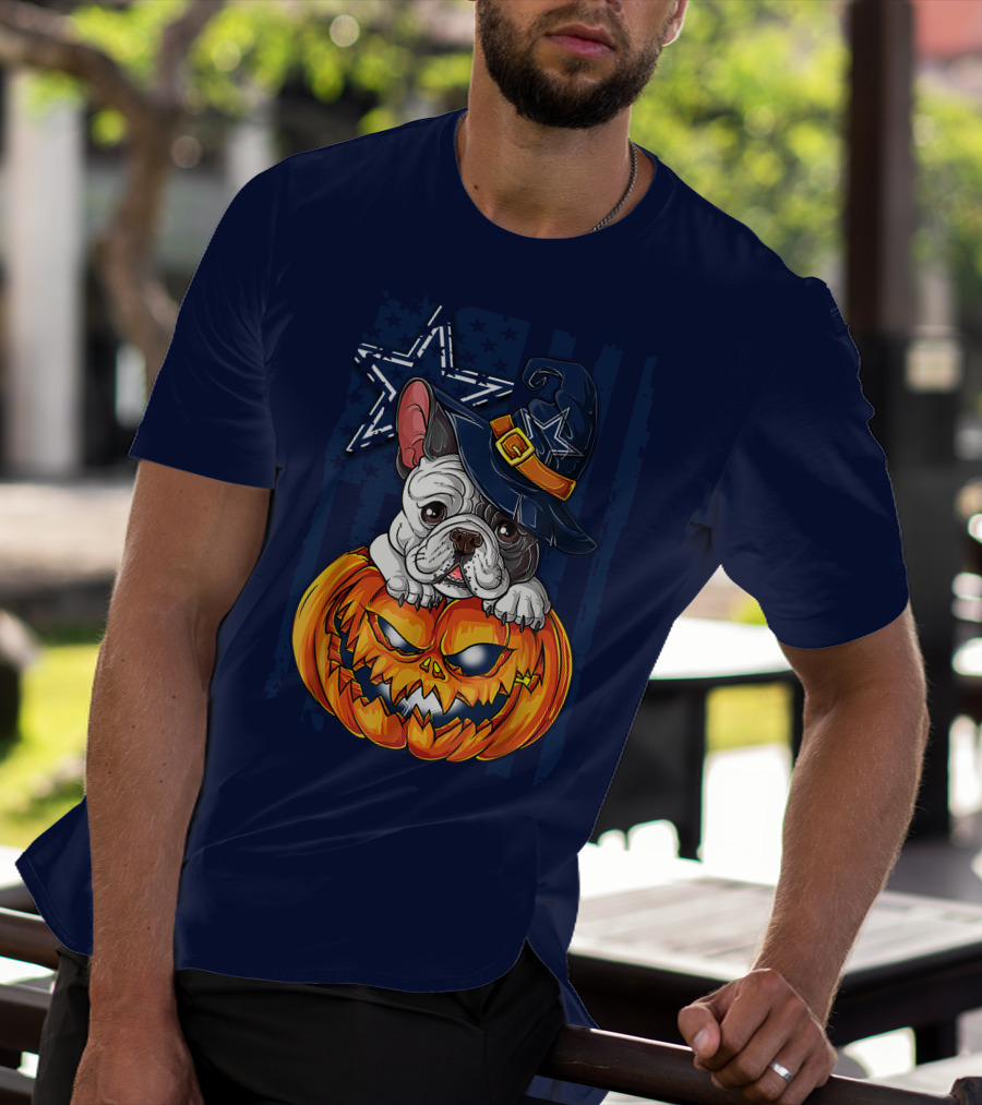 Hlw Bulldog Halloween Dallas Cowboys Pumpkin Wizard Hat T-Shirt