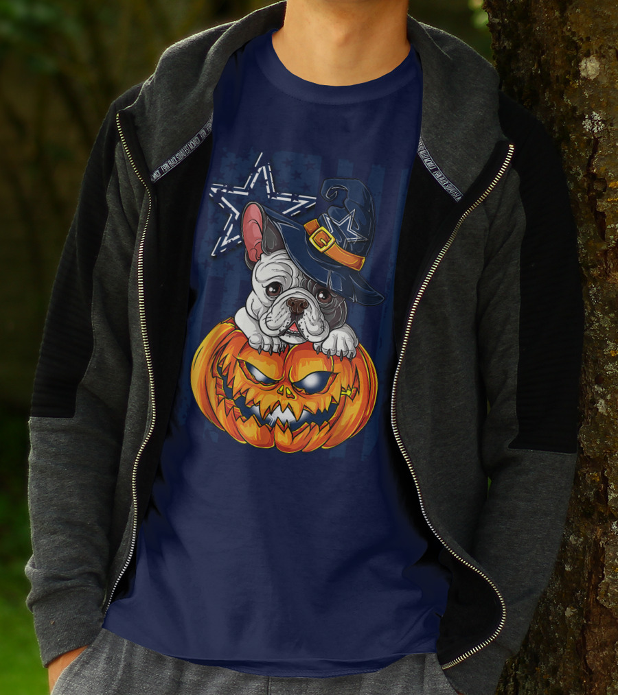 Hlw Bulldog Halloween Dallas Cowboys Pumpkin Wizard Hat T-Shirt