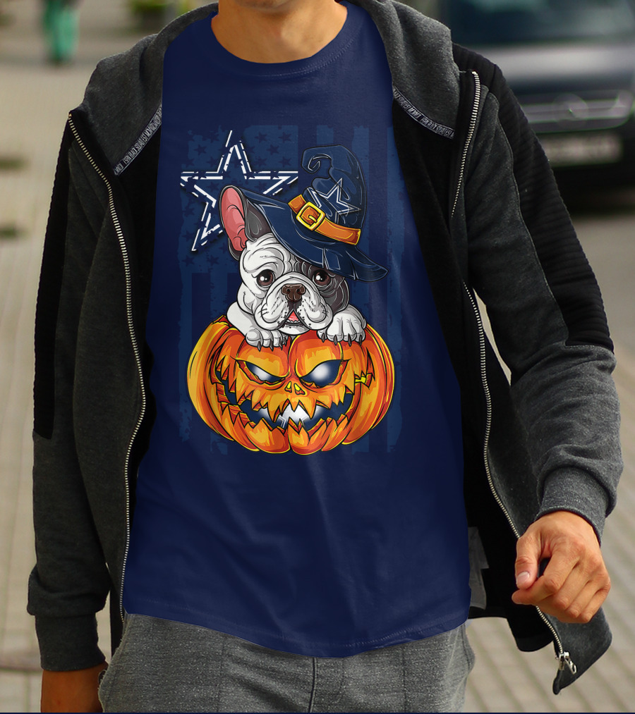 Hlw Bulldog Halloween Dallas Cowboys Pumpkin Wizard Hat T-Shirt
