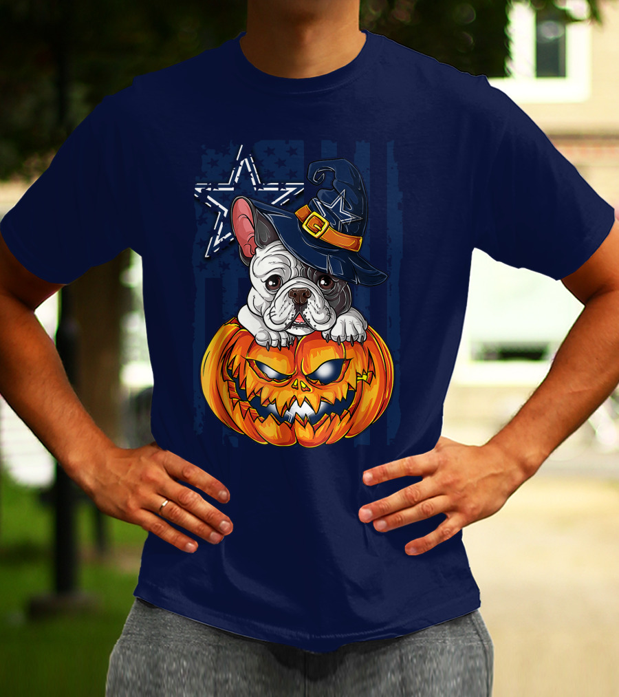 Hlw Bulldog Halloween Dallas Cowboys Pumpkin Wizard Hat T-Shirt