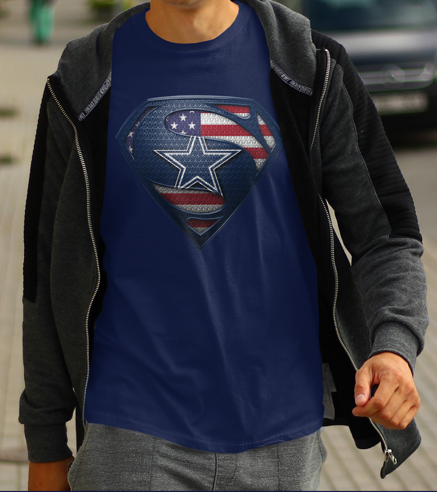 Spm DALLAS COWBOYS Superman Shield American Flag Star T-Shirt