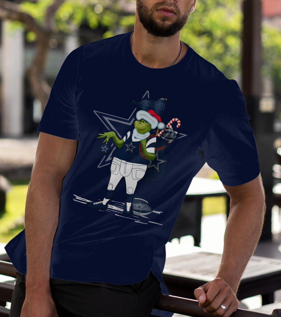 Grinchxmas Dallas Cowboys Holiday Cheer With Starry Football Twist T-Shirt