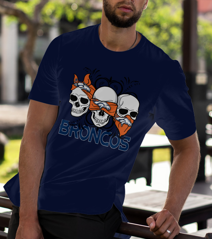 Broncos 3 Skull Bandana Denver Fans T-Shirt