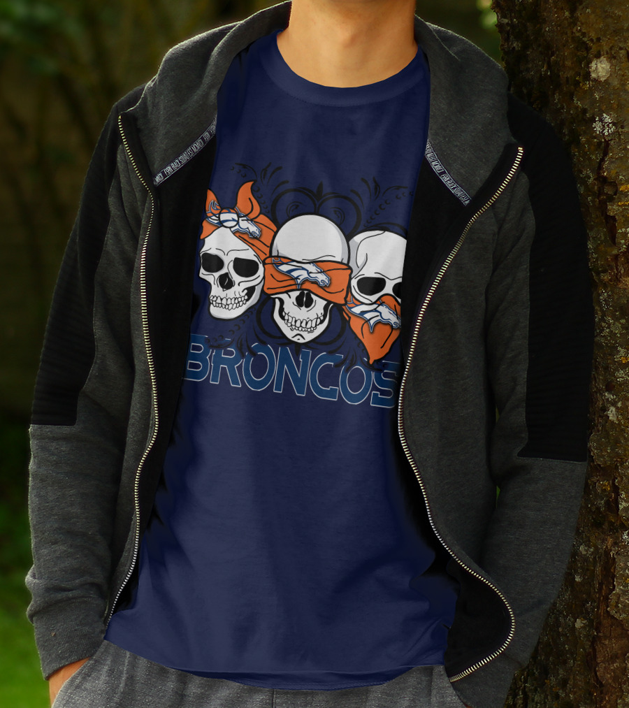 Broncos 3 Skull Bandana Denver Fans T-Shirt
