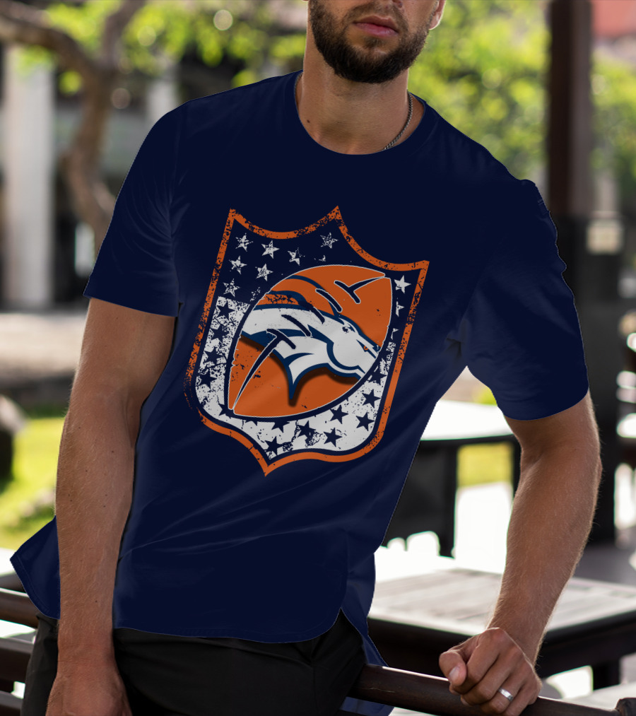 Denver Broncos Vintage Logo With Stars And Orange Shield T-Shirt