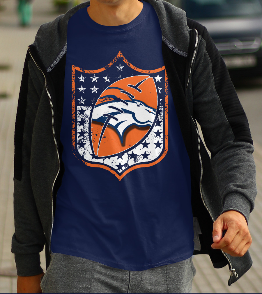 Denver Broncos Vintage Logo With Stars And Orange Shield T-Shirt