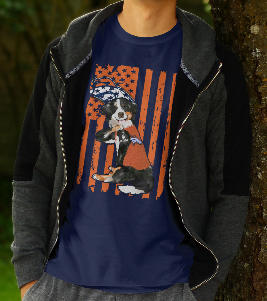Border Collie I Love Mom Denver Broncos Fan Puppy With Flag T-Shirt