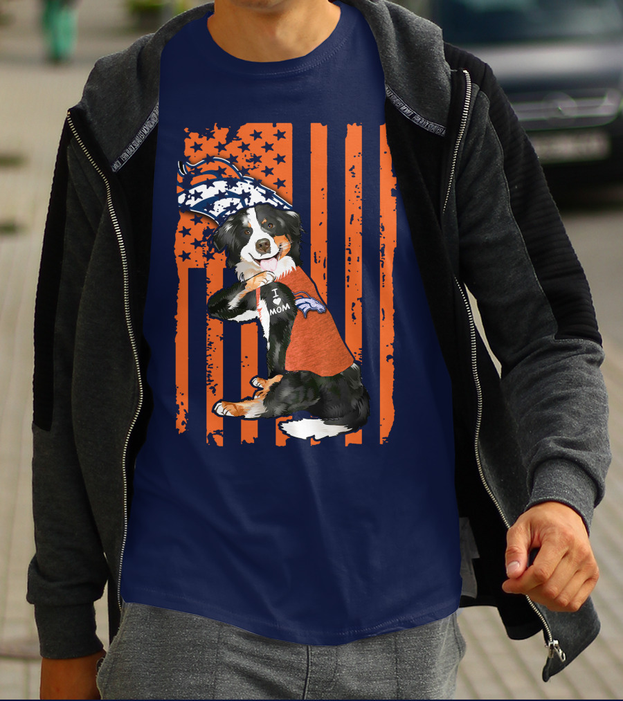 Border Collie I Love Mom Denver Broncos Fan Puppy With Flag T-Shirt