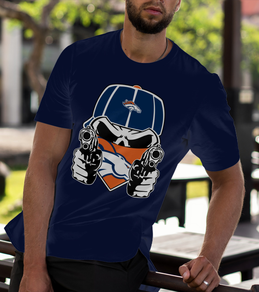 Denver Broncos Skull Bandana Dual Guns T-Shirt