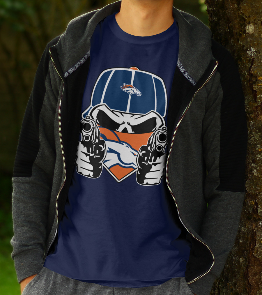 Denver Broncos Skull Bandana Dual Guns T-Shirt
