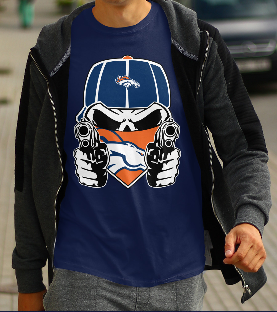 Denver Broncos Skull Bandana Dual Guns T-Shirt