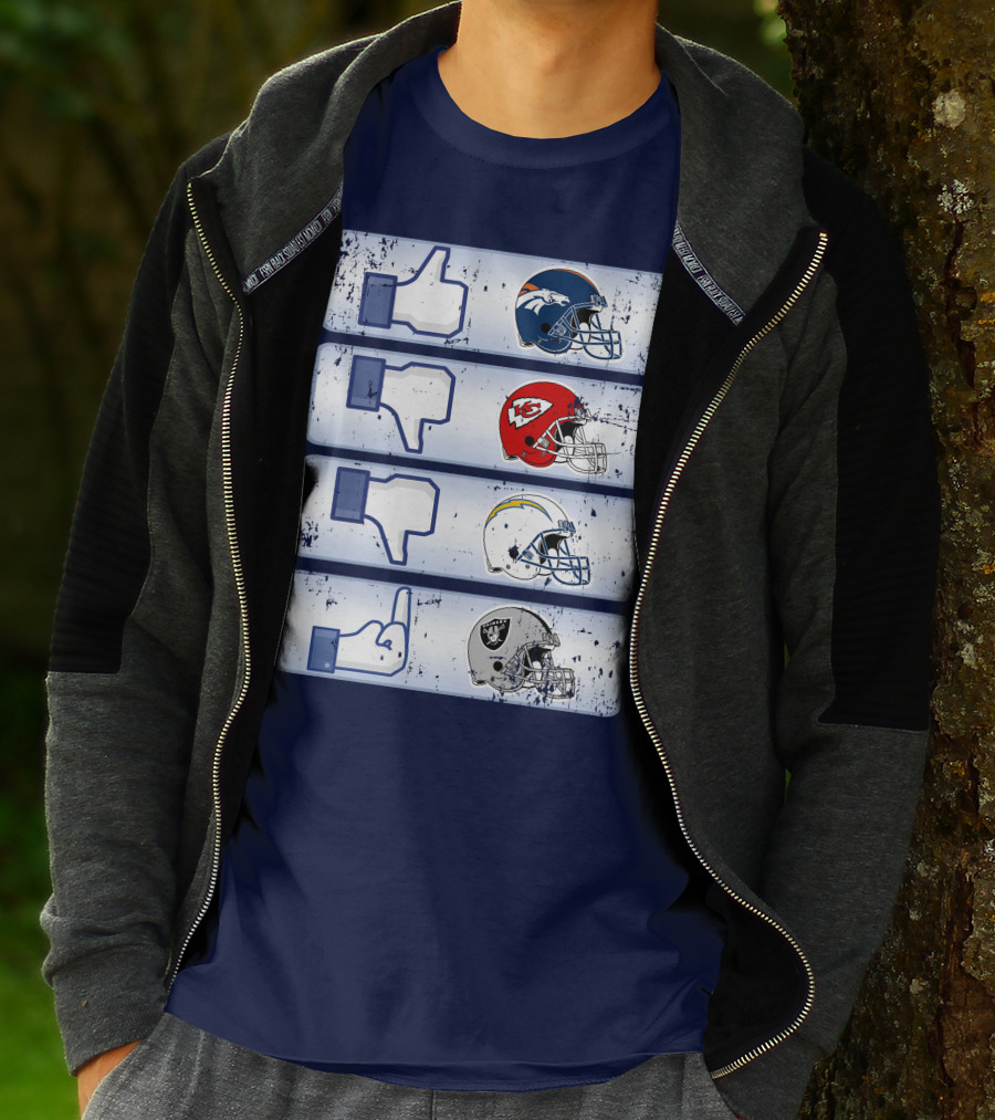 Denver Broncos Chiefs Chargers Raiders Football Helmets Social Media Like Dislike T-Shirt