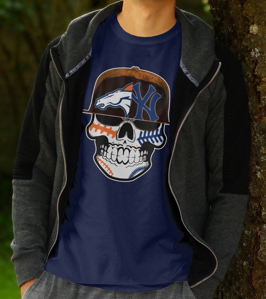 Denver Broncos New York Yankees Skull Sports Fusion T-Shirt