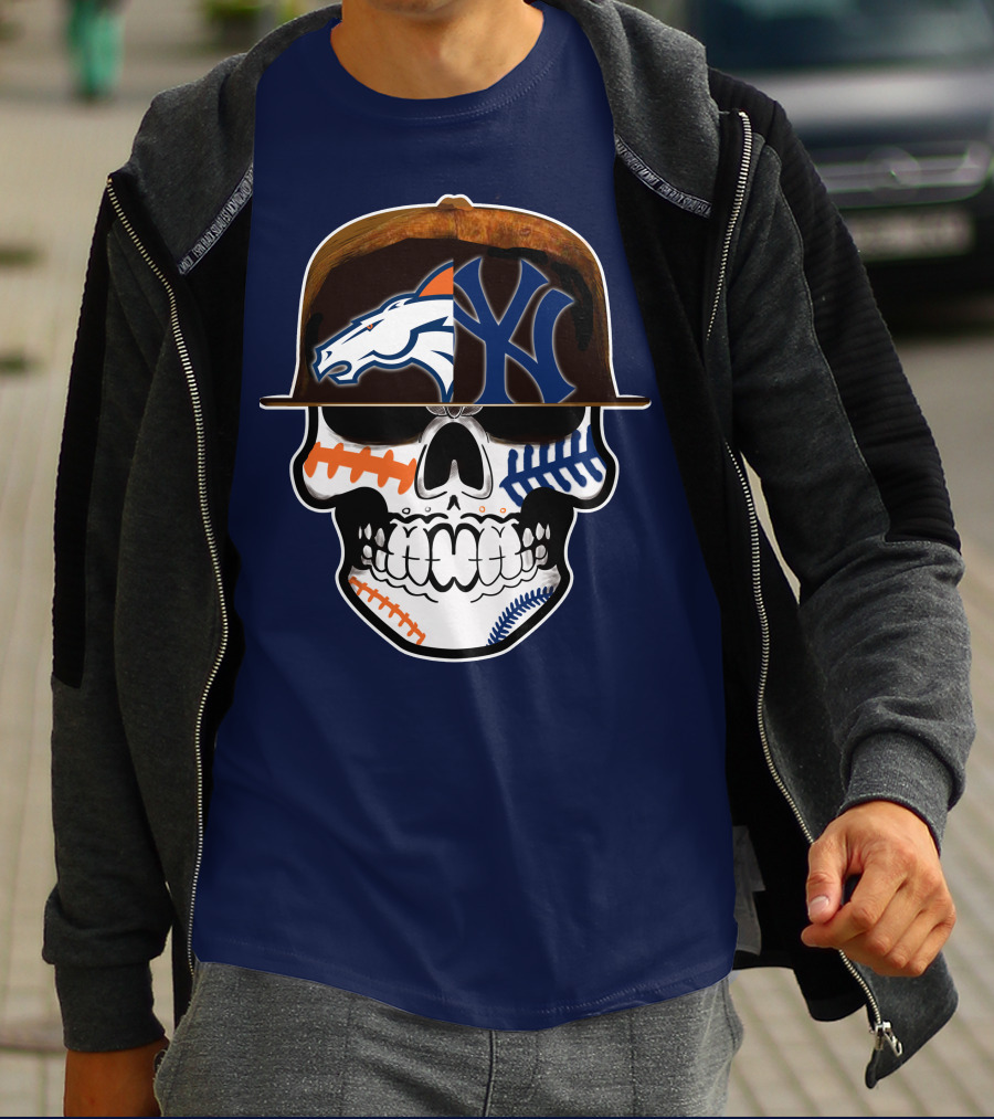 Denver Broncos New York Yankees Skull Sports Fusion T-Shirt