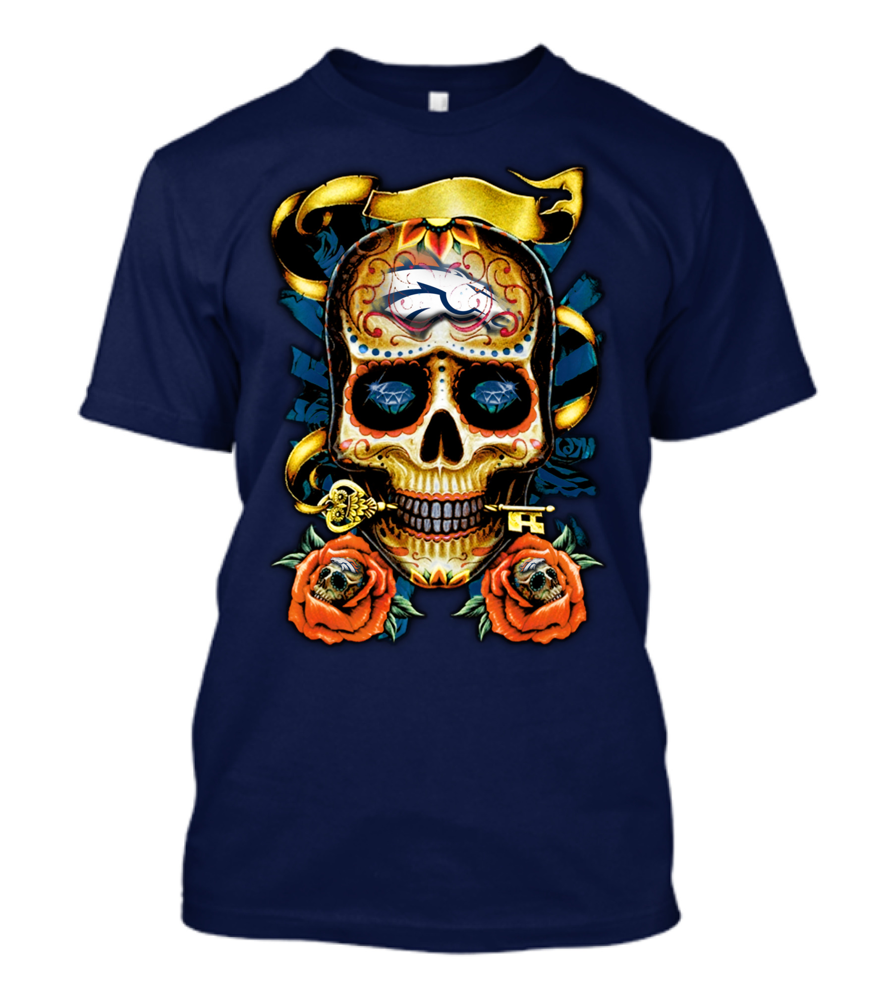 Denver Broncos 42 Sugar Skull Roses Key Ribbon T-Shirt