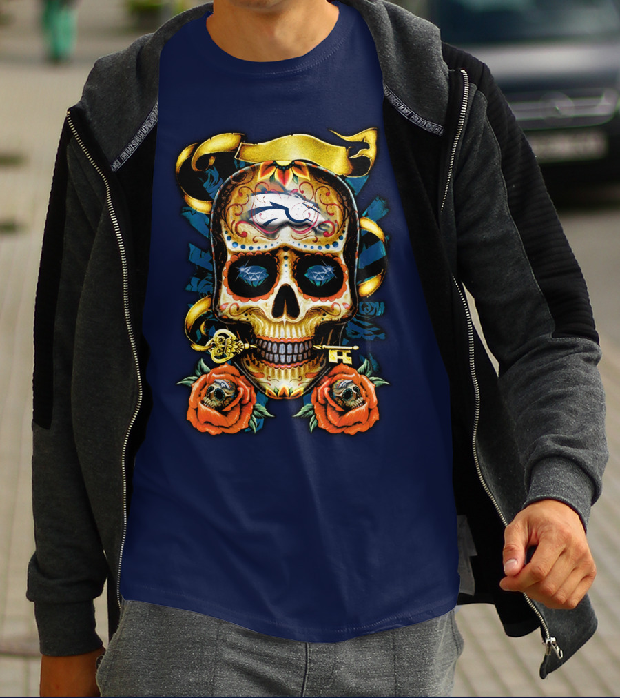 Denver Broncos 42 Sugar Skull Roses Key Ribbon T-Shirt