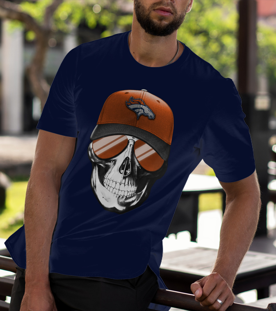 Skull V7 Denver Broncos Cap And Sunglasses T-Shirt