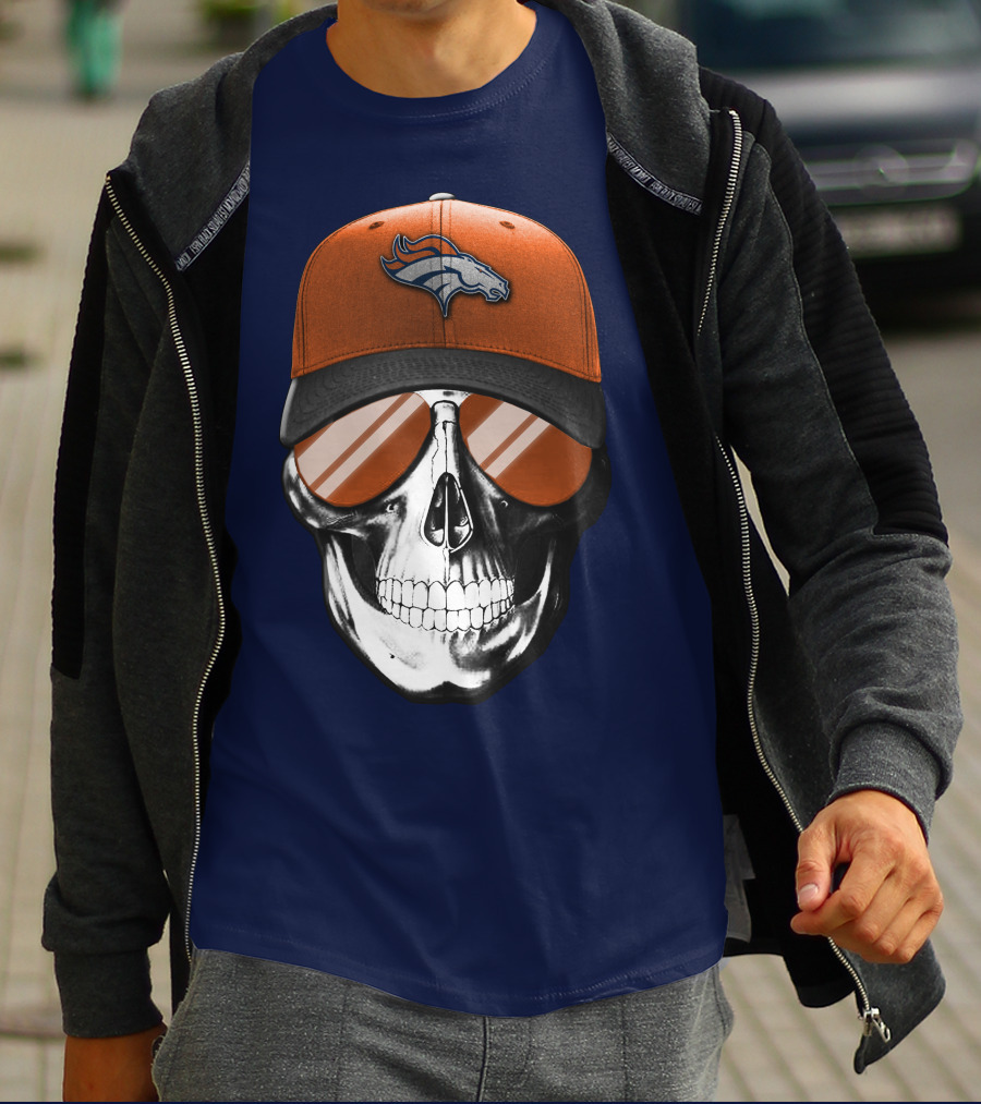 Skull V7 Denver Broncos Cap And Sunglasses T-Shirt