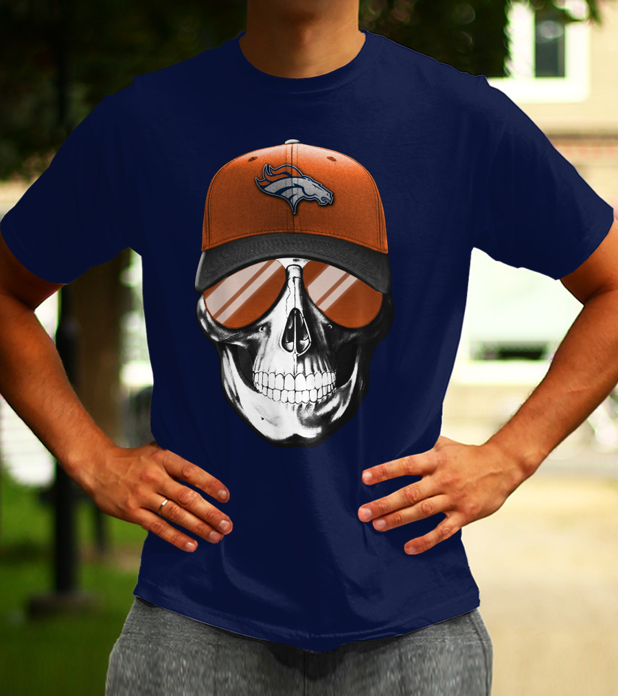 Skull V7 Denver Broncos Cap And Sunglasses T-Shirt