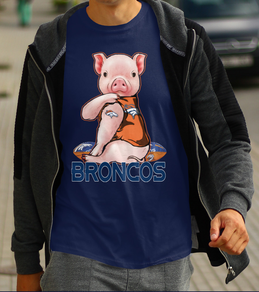 Pig Wearing Denver Broncos Jersey On Football With Broncos T-Shirt