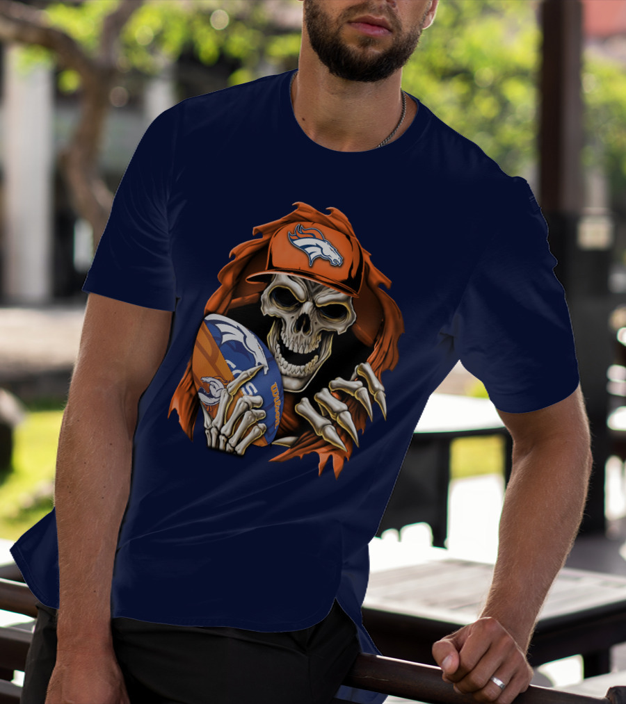 Skullbong Denver Broncos Skeleton Holding Football With Team Logo Helmet And Cap T-Shirt
