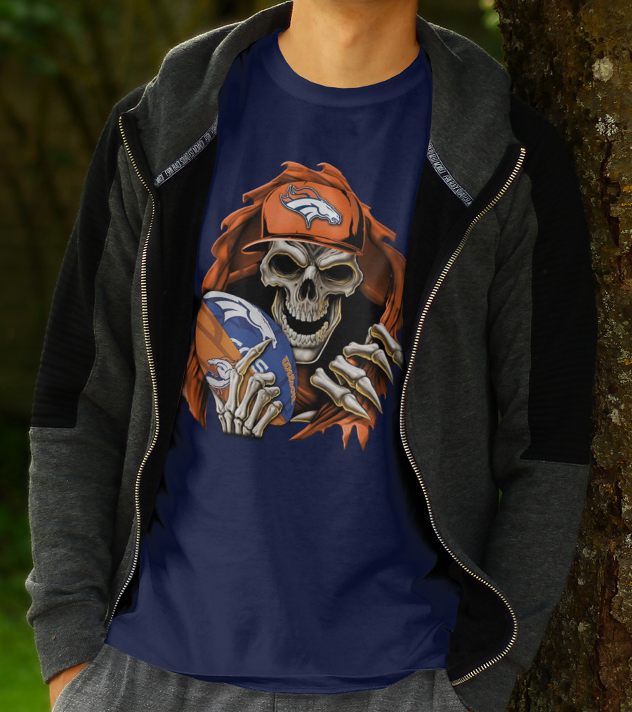 Skullbong Denver Broncos Skeleton Holding Football With Team Logo Helmet And Cap T-Shirt
