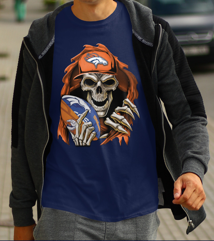 Skullbong Denver Broncos Skeleton Holding Football With Team Logo Helmet And Cap T-Shirt