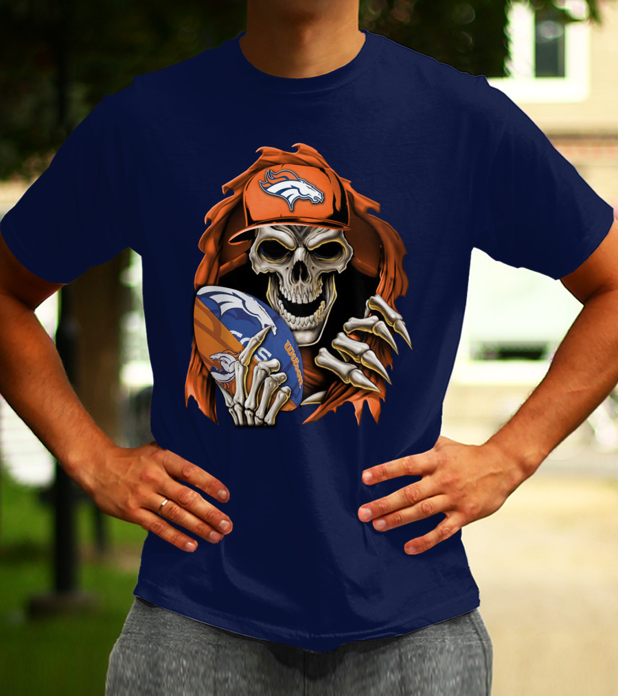 Skullbong Denver Broncos Skeleton Holding Football With Team Logo Helmet And Cap T-Shirt