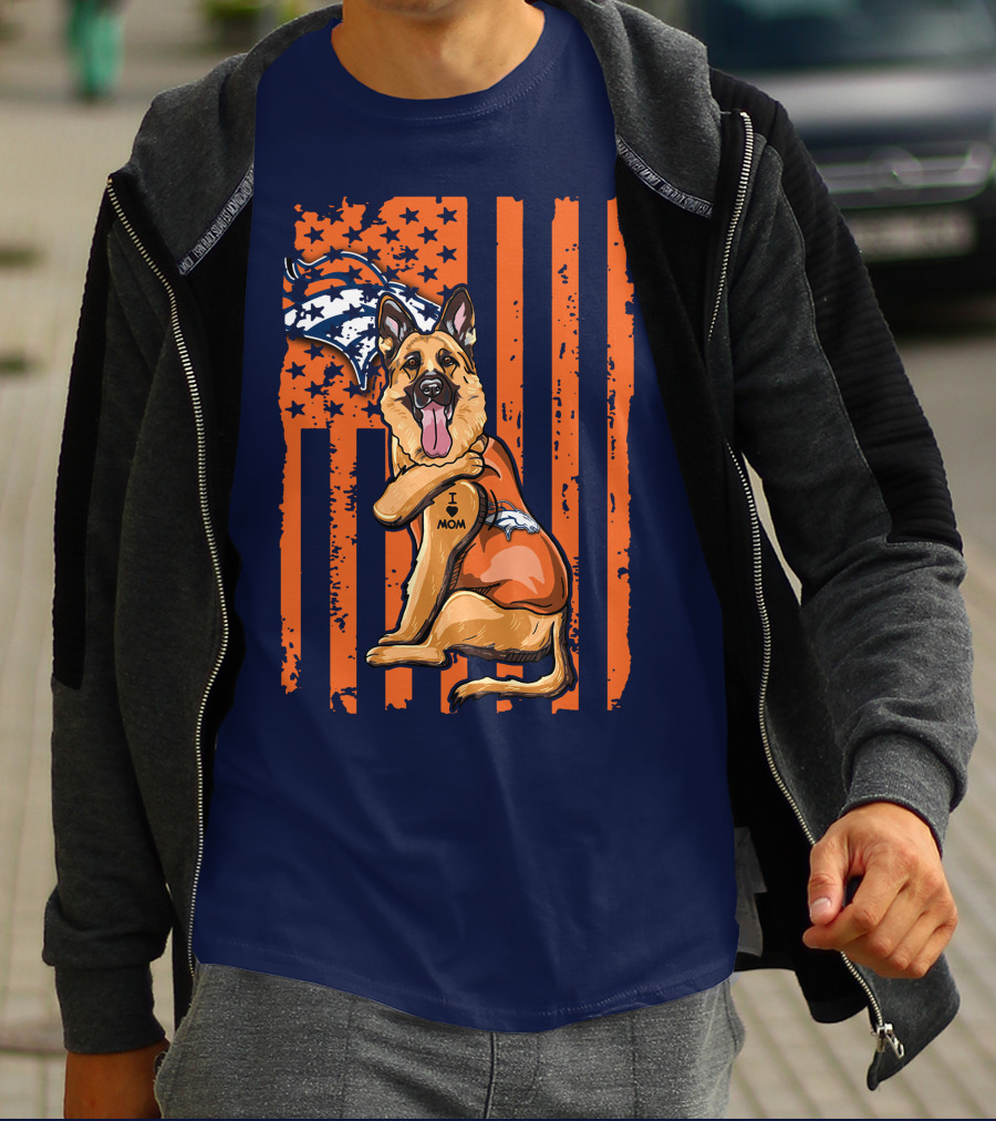 German Shepherd I Love Mom Denver Broncos Dog Usa Flag T-Shirt