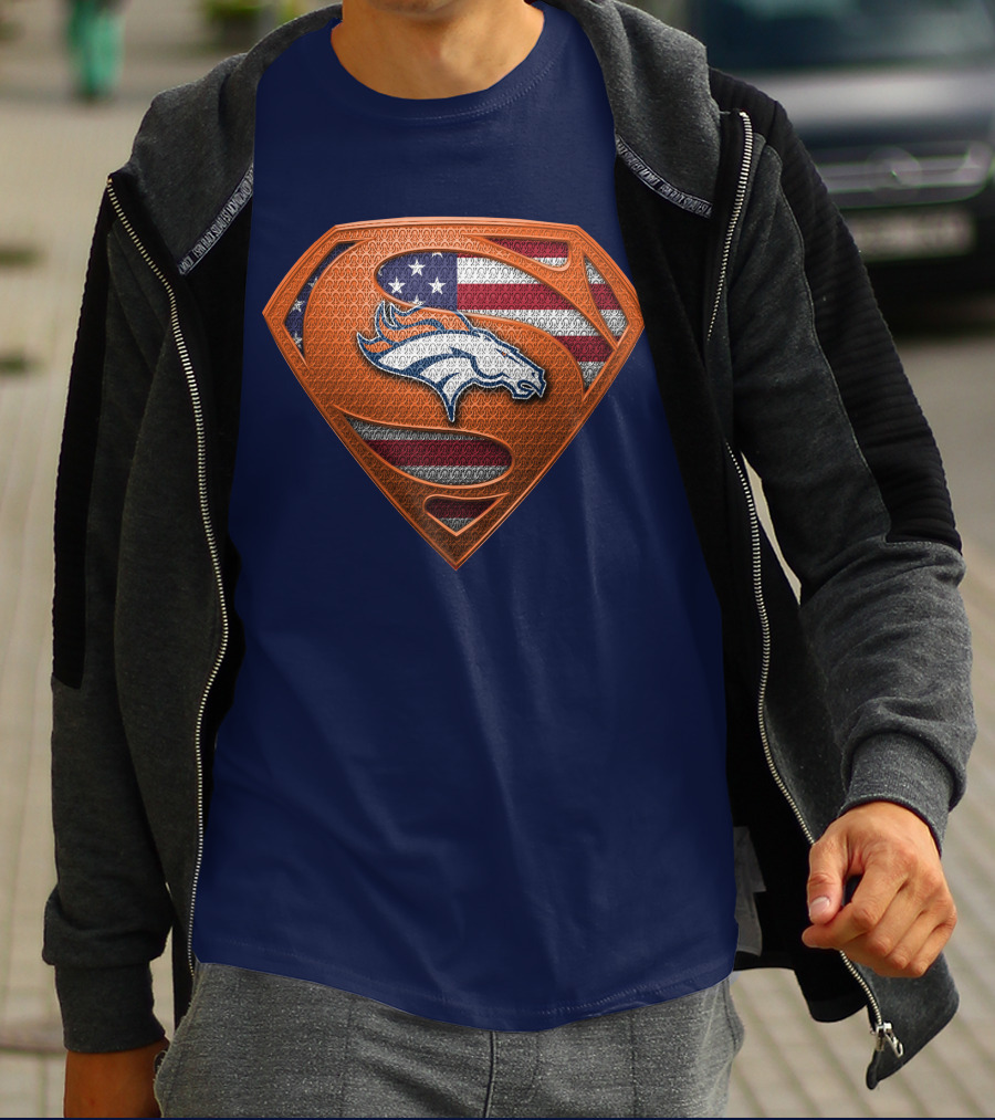 Denver Broncos Superhero Shield American Flag T-Shirt