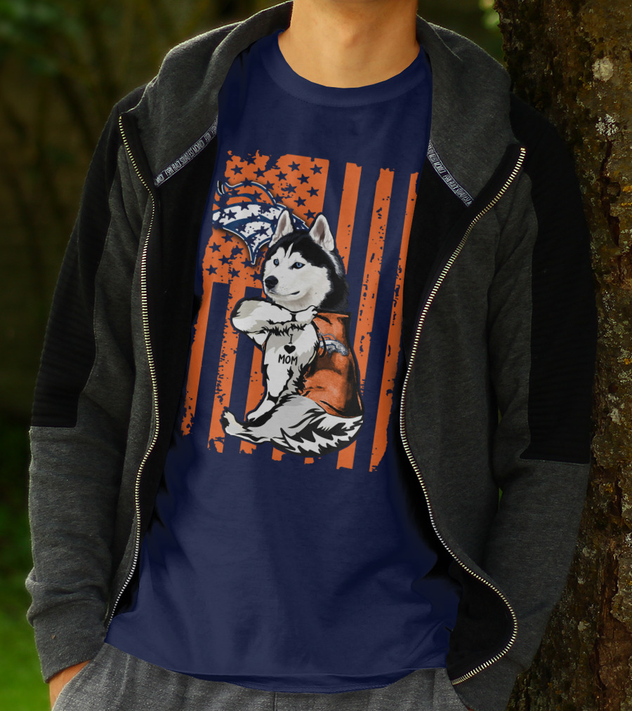 Siberian Husky Mom Denver Broncos Fan Usa Flag T-Shirt