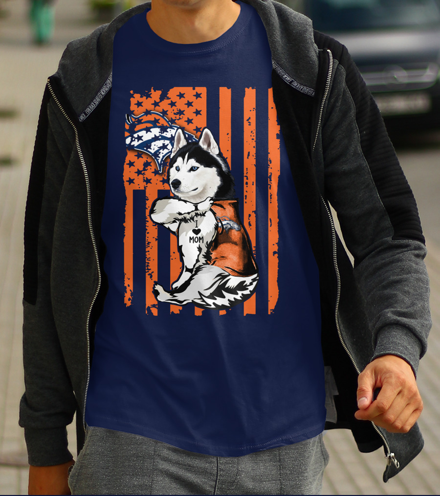 Siberian Husky Mom Denver Broncos Fan Usa Flag T-Shirt