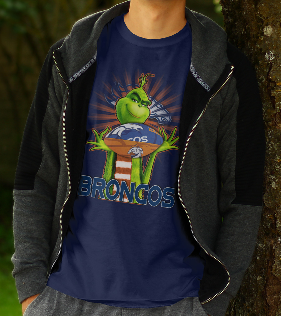 Grinch Holding Denver Broncos Football T-Shirt