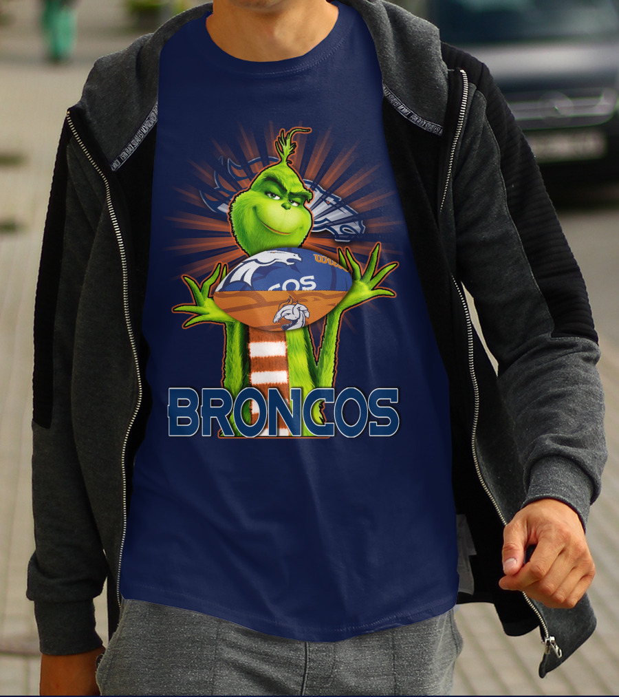 Grinch Holding Denver Broncos Football T-Shirt