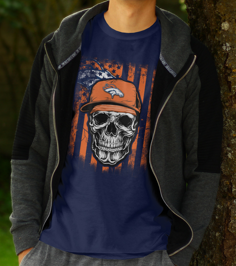 Skull V1 Denver Broncos Flag Style Football Skull Cap T-Shirt