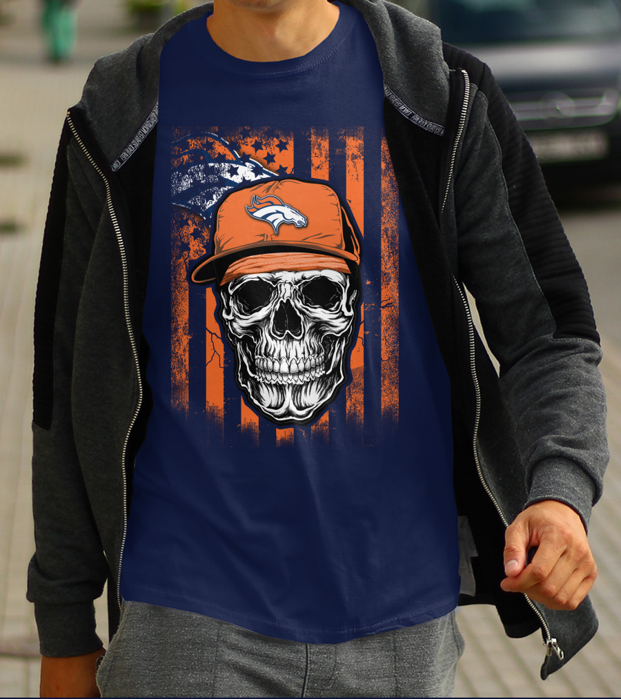 Skull V1 Denver Broncos Flag Style Football Skull Cap T-Shirt