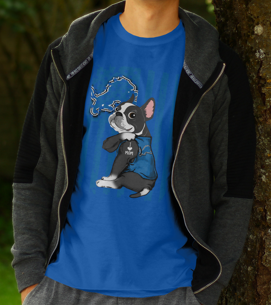 Boston Terrier I Love Mom Detroit Lions Football T-Shirt