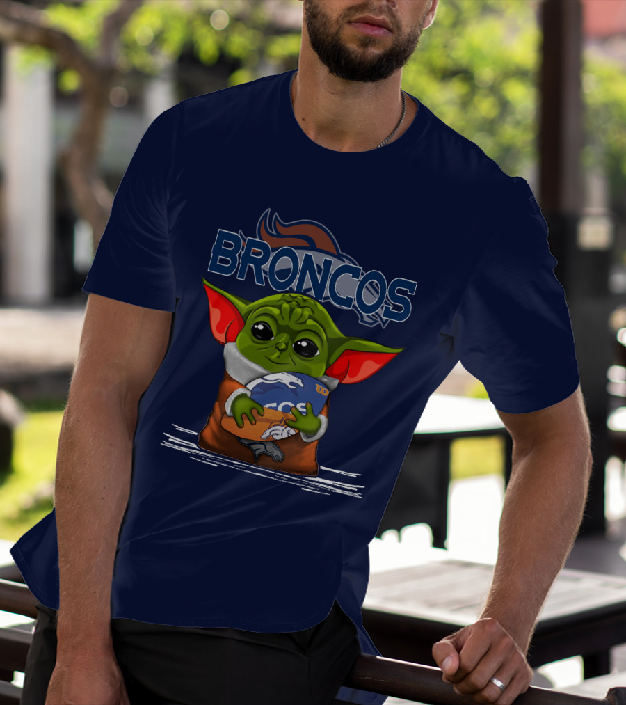 Yoda Holding Denver Broncos Logo With Baby Alien In Orange Robe T-Shirt