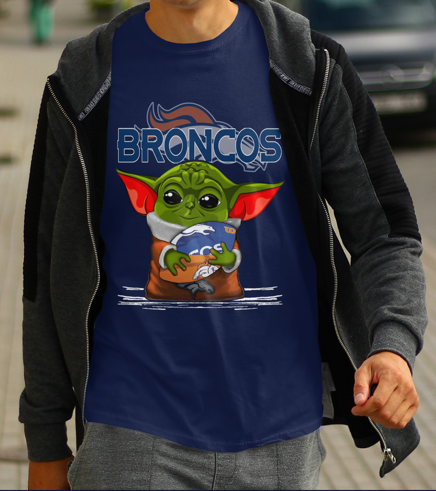 Yoda Holding Denver Broncos Logo With Baby Alien In Orange Robe T-Shirt