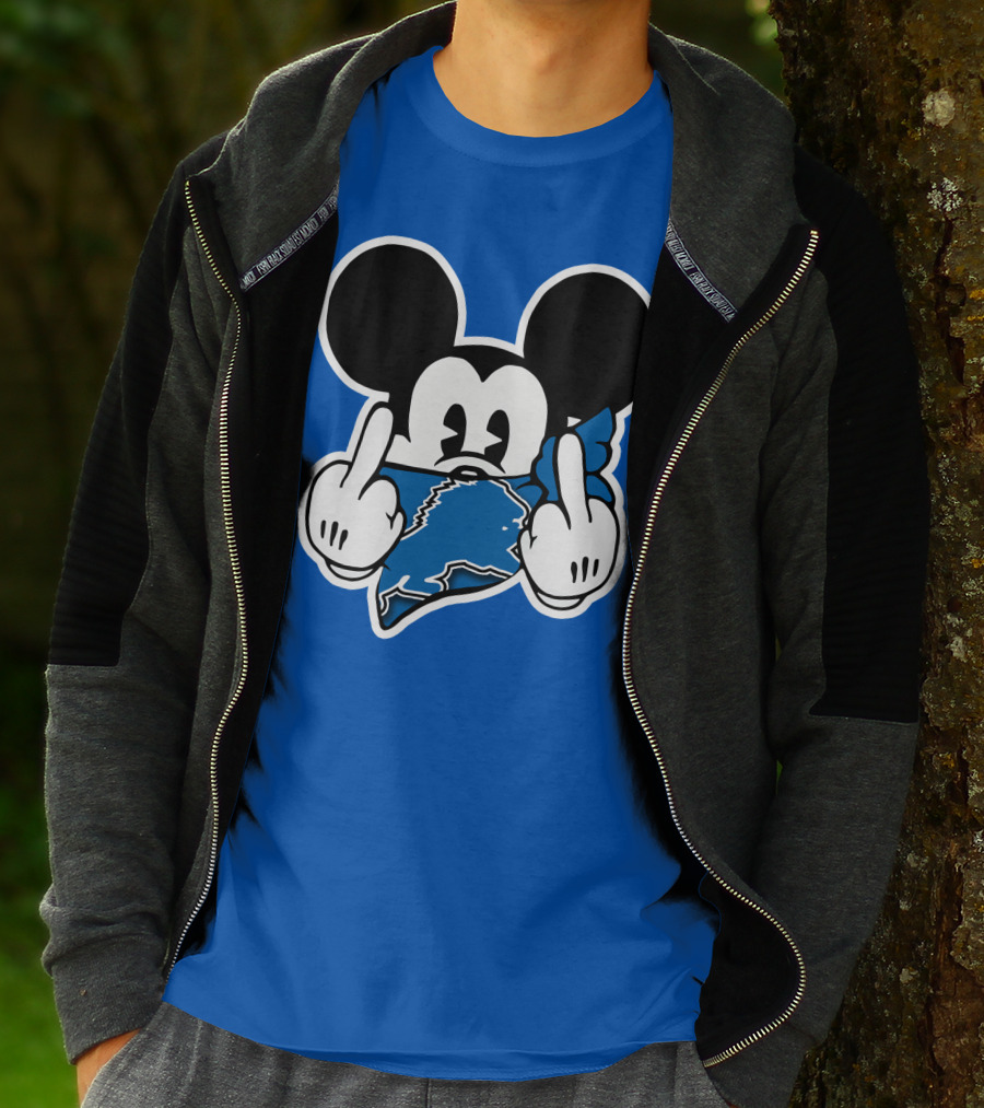 Detroit Lions 53 Mickey Mouse Gesture Blue Bandana T-Shirt