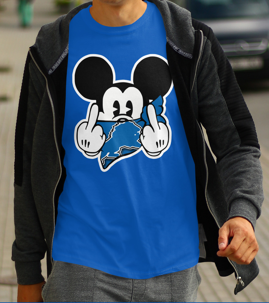 Detroit Lions 53 Mickey Mouse Gesture Blue Bandana T-Shirt