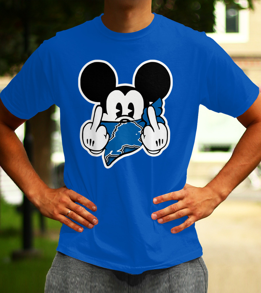Detroit Lions 53 Mickey Mouse Gesture Blue Bandana T-Shirt
