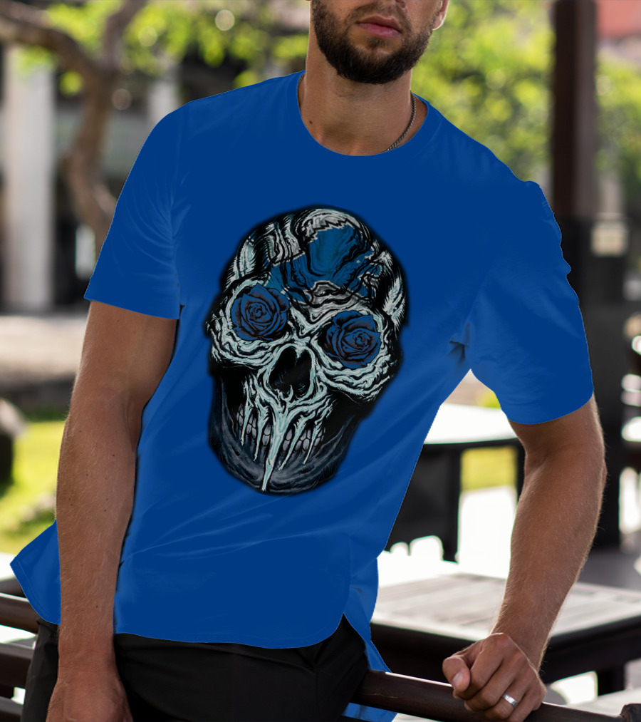 Detroit Lions 57 Skull Blue Roses T-Shirt