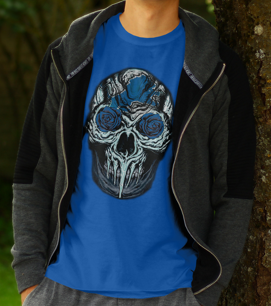 Detroit Lions 57 Skull Blue Roses T-Shirt