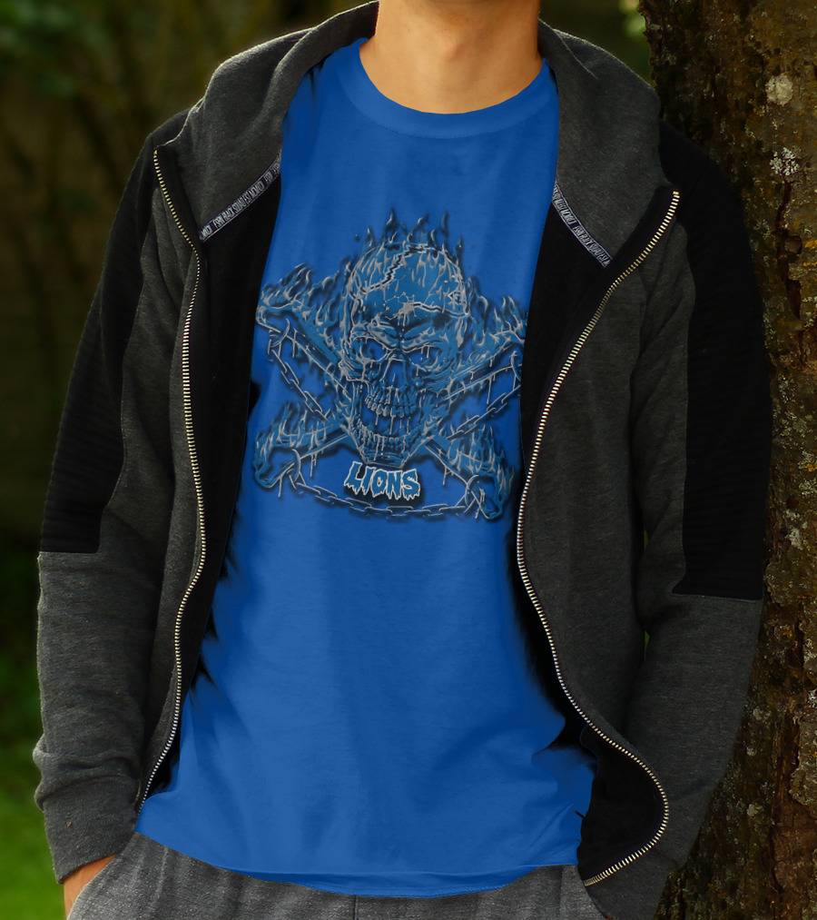 Detroit Lions Skull And Crossbones Fiery Blue T-Shirt
