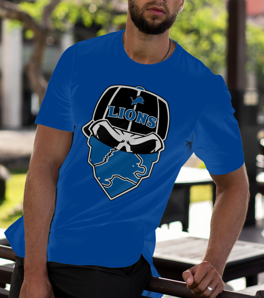 Detroit Lions Skull Bandana Cap Logo Blueprint T-Shirt
