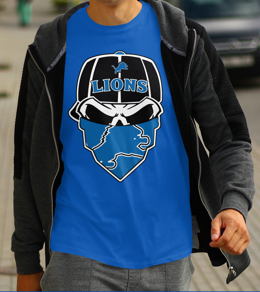 Detroit Lions Skull Bandana Cap Logo Blueprint T-Shirt