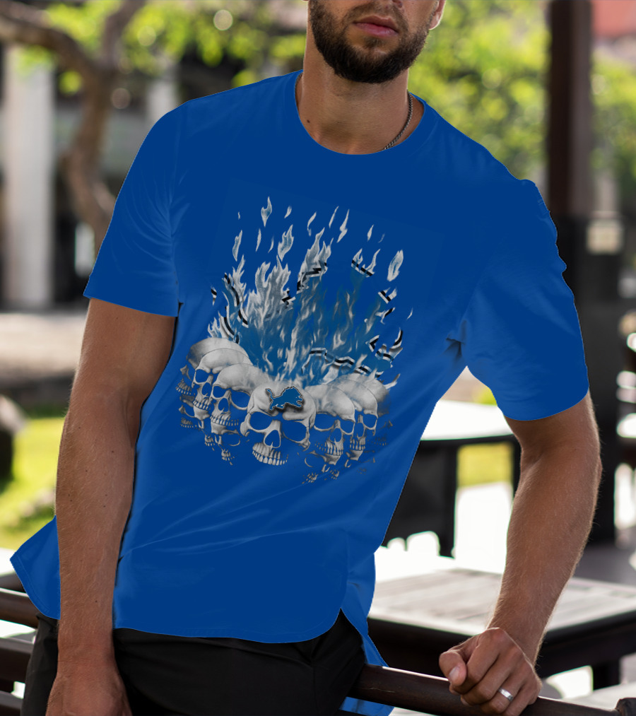 Detroit Lions 16 Flaming Skulls T-Shirt
