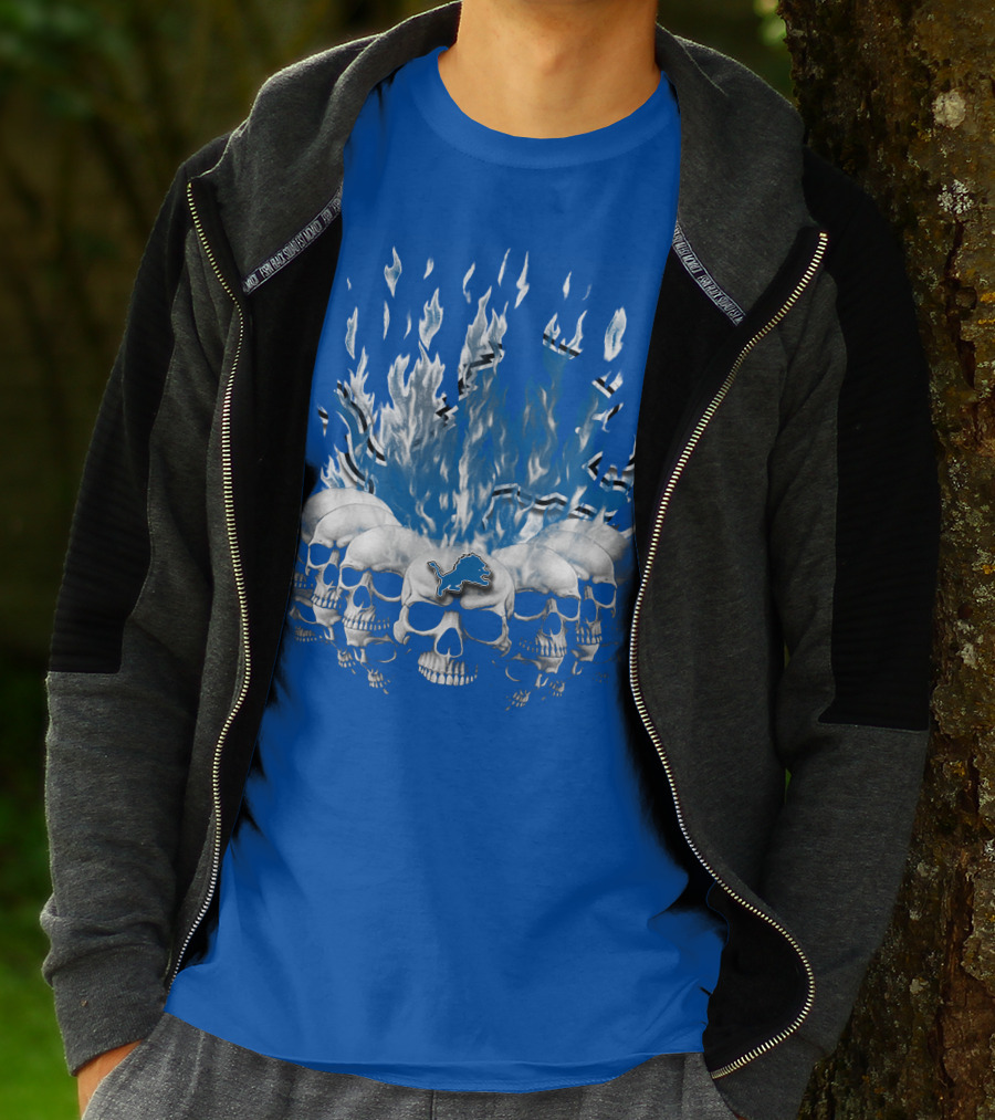 Detroit Lions 16 Flaming Skulls T-Shirt